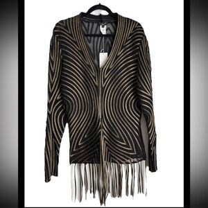 IKA Couture 90’sVINTAGE Gold Metallic Blk Mesh Zip Fringe Jacket Rare NWT Sz 12